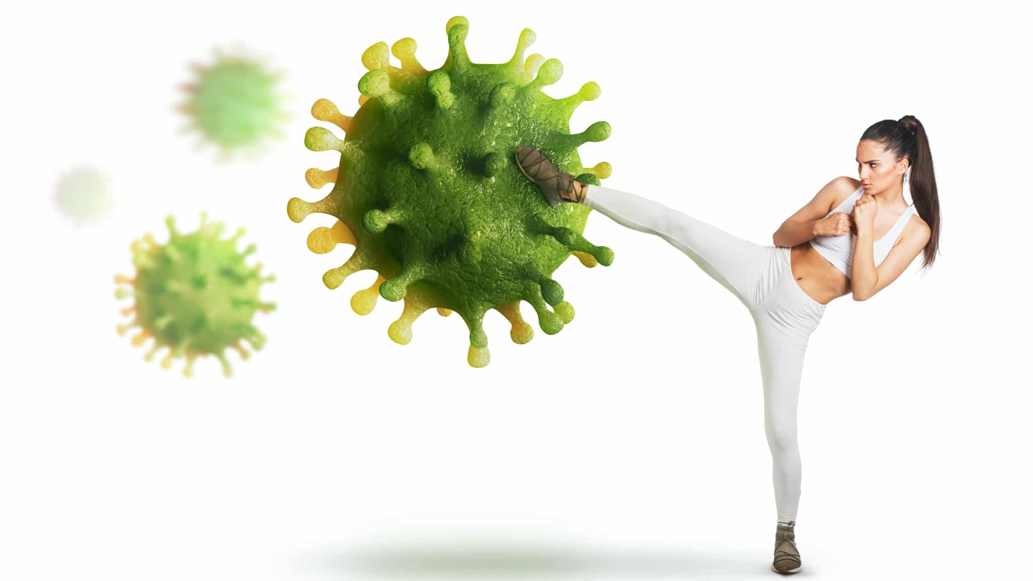 Immunsystem stärken Immunschutz mit Resisteen Frau boxt mit Fuß Viren weg